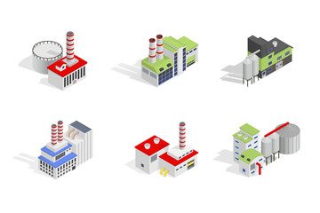 Icons and compositions of industrial building, isolated constructions, subjects isometric view, 3D. Vector set of industry.