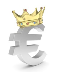 Isolated euro sign with golden crown and gems on white background. Concept of making profit, income. Currency sign. European money. 3D rendering.