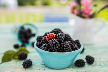 Fresh blackberries in bowl on wooden table in the garden