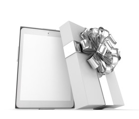 Tablet in white gift box with silver bow and ribbons on white. 3D rendering.