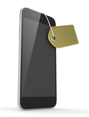 Smart phone with golden price tag on white background. Identification, price, label. Luxury and expensive offer. 3D rendering.