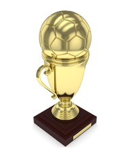 Golden cup and golden ball on white background. 3D rendering.