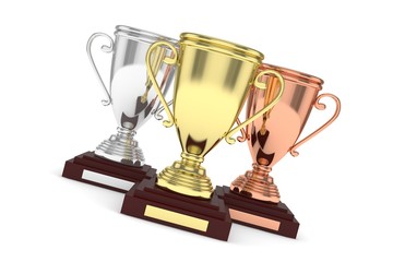 Three cups on white background. 3D rendering.