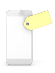 White smart phone with golden price tag on white background. Identification, price, label. Luxury and expensive offer. 3D rendering.