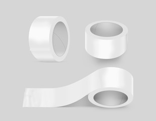 Blank white duct adhesive tape set mockup, clipping path, 3d illustration. Sticky scotch roll design mock up. Clear glue tape template. Packing insulating tape display.