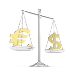 Isolated silver scales with golden dollar and euro currency. American and european finance. Measuring of market stability. 3D rendering.