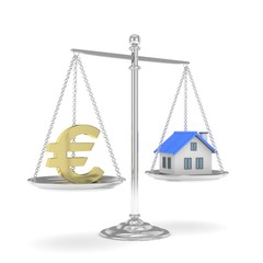 Isolated silver scales with golden euro and house on white background. Investment or savings concept. Real estate and currency. 3D rendering.