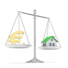 Isolated silver scales with golden euro and house on white background. Investment or savings concept. Real estate and currency. 3D rendering.