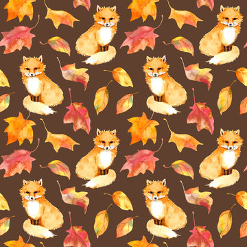 Autumn pattern - cute fox animal, red leaves. Seamless watercolor