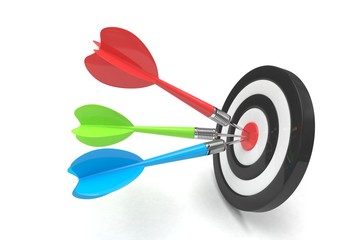 Three multicolor arrows darts in center. 3d rendering.