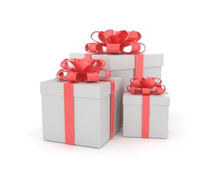 three gift boxes with bows isolated on white. 3d rendering.