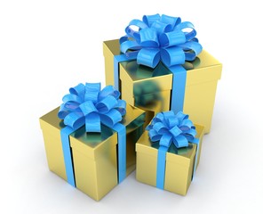 three gift boxes with bows isolated on white. 3d rendering.