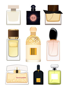Set perfume bottle on white background. Perfume bottle for women. Female fragrance. Eau de toilette. Vector illustration 