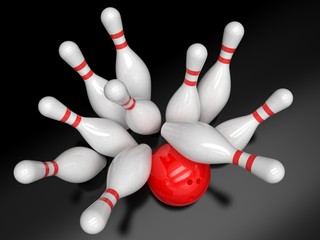 Bowling ball and skittles isolated. 3d rendering.