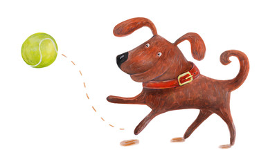 Dog with ball. Watercolor illustration
