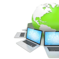 Laptop network around earth globe. 3d render