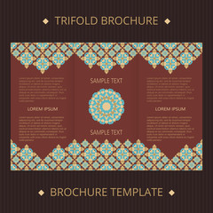 Trifold vector cards. Islamic design vector template. Invitation concept template trifold. Vector brochure template with geometric ornament. Oriental layouts.