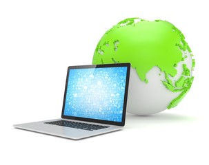 Laptop network and earth globe. 3d render