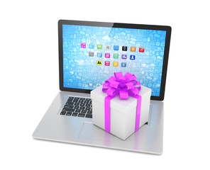 Gift box with ribbon on laptop keyboard. 3d rendering.