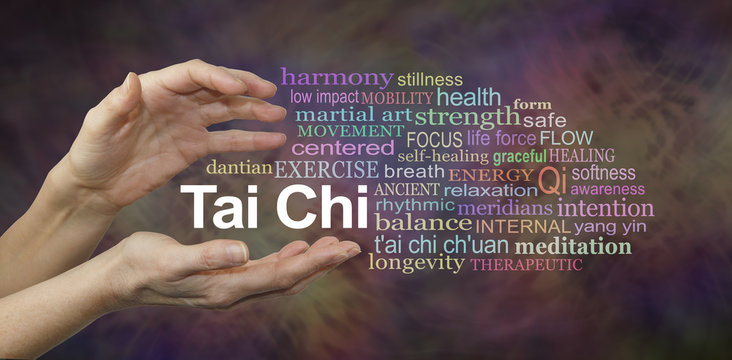 Tai Chi Word Cloud - female hands cupped around the words TAI CHI surrounded by a relevant word cloud on a rich complex multi colored background