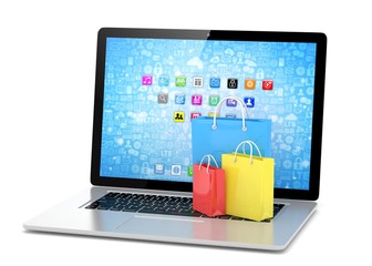 laptop and  shopping pags on white background. 3d rendering.
