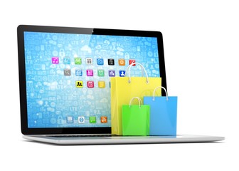 laptop and  shopping pags on white background. 3d rendering.