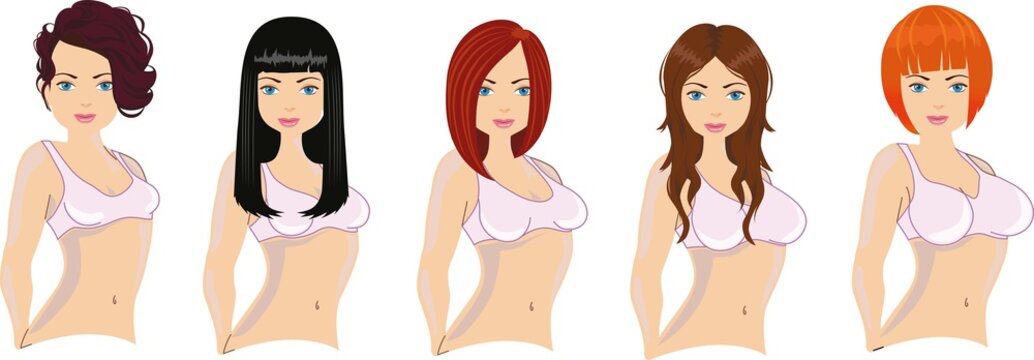Different woman haircuts and breast sizes