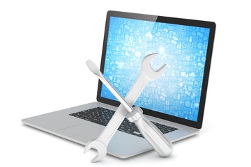 3D Illustration Wrench and screwdriver on laptop, service concept