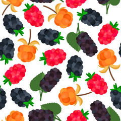 Seamless pattern with mulberries, blackberries, cloudberries and raspberries