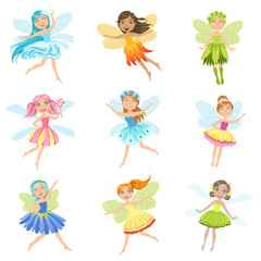 Obraz na płótnie Canvas Cute Fairies In Pretty Dresses Girly Cartoon Characters Collection