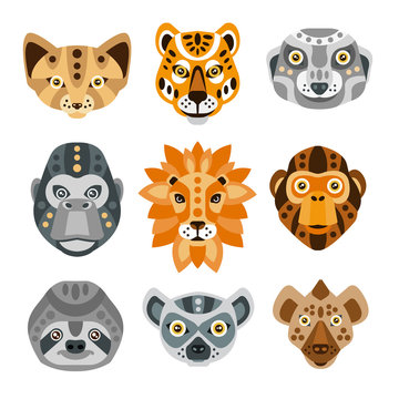 African Animals Stylized Geometric Heads Set