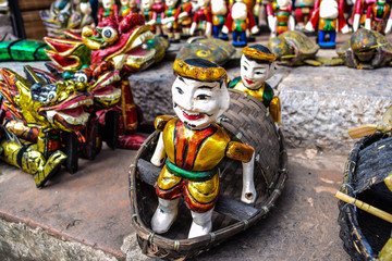 The Vietnamese traditional water puppets of the theater in Hanoi, Vietnam. Each puppet represents one character in the normal life in the past