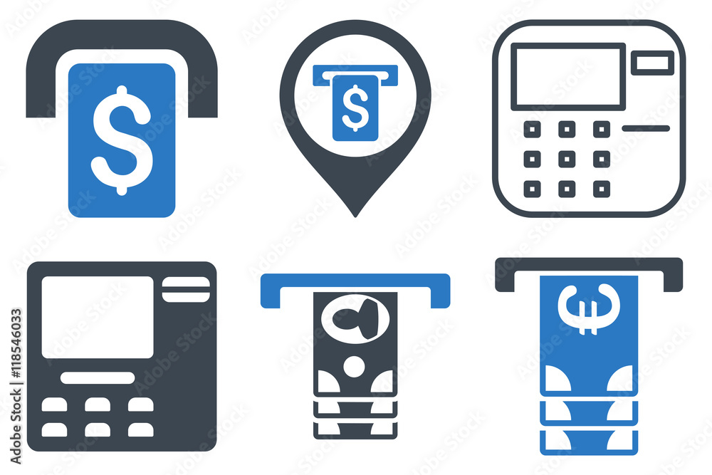 Poster atm terminal vector icons. icon style is bicolor smooth blue flat symbols with rounded angles on a w