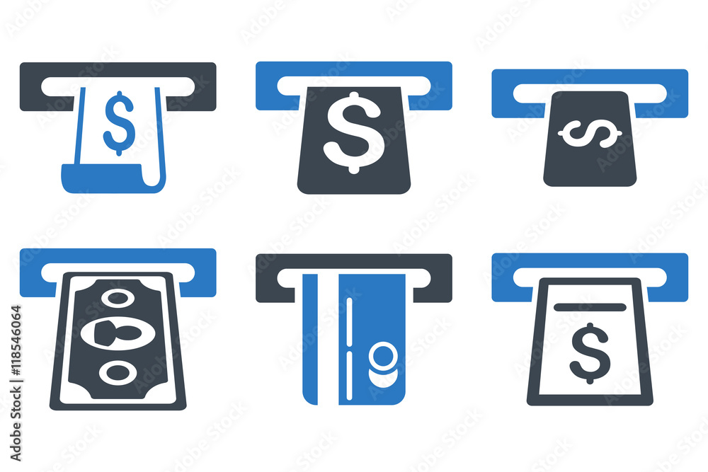 Poster atm withdraw vector icons. icon style is bicolor smooth blue flat symbols with rounded angles on a w