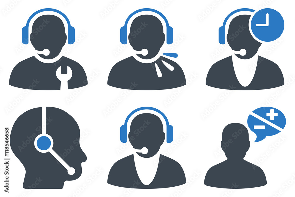 Aufkleber call center operator vector icons. icon style is bicolor smooth blue flat symbols with rounded angle