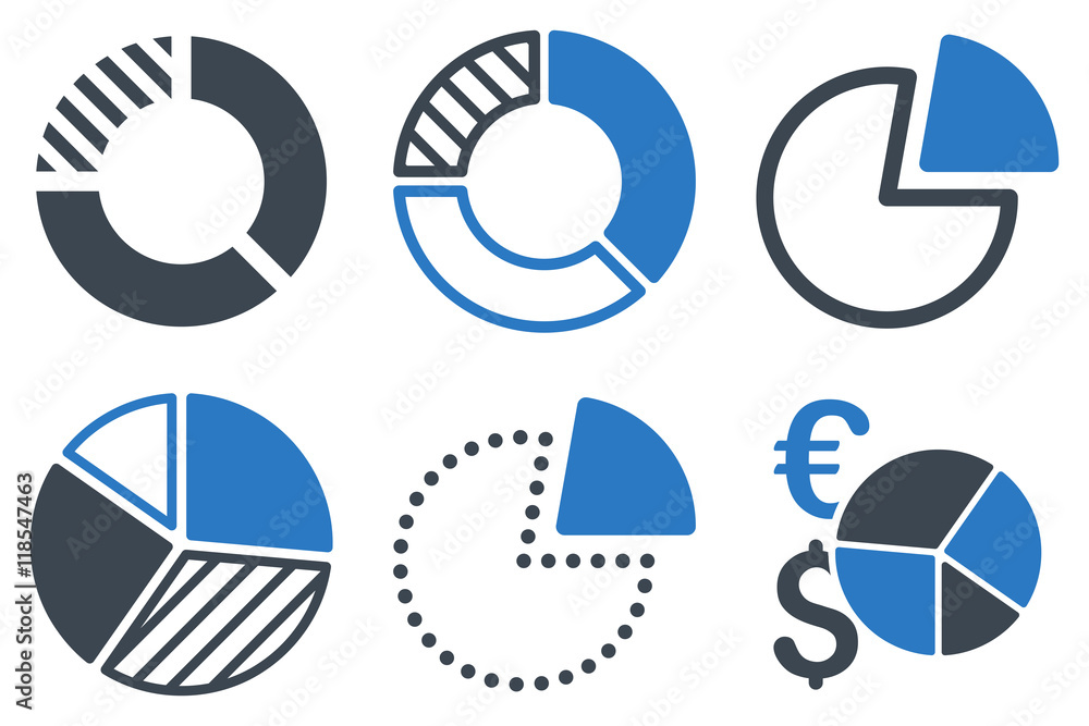 Aufkleber pie chart vector icons. icon style is bicolor smooth blue flat symbols with rounded angles on a whit