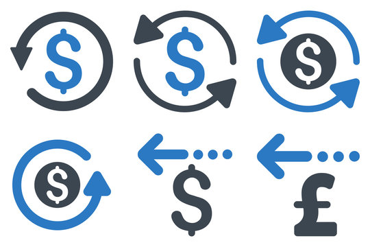 Refund vector icons. Icon style is bicolor smooth blue flat symbols with rounded angles on a white background.