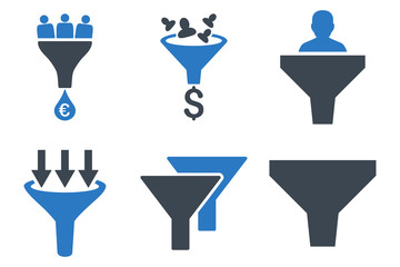 Sales Funnel vector icons. Icon style is bicolor smooth blue flat symbols with rounded angles on a white background.