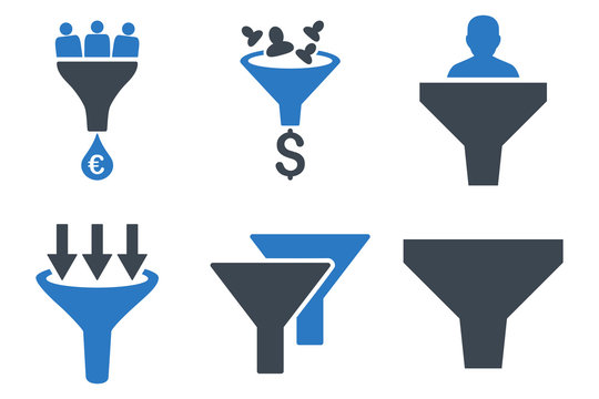 Sales Funnel vector icons. Icon style is bicolor smooth blue flat symbols with rounded angles on a white background.