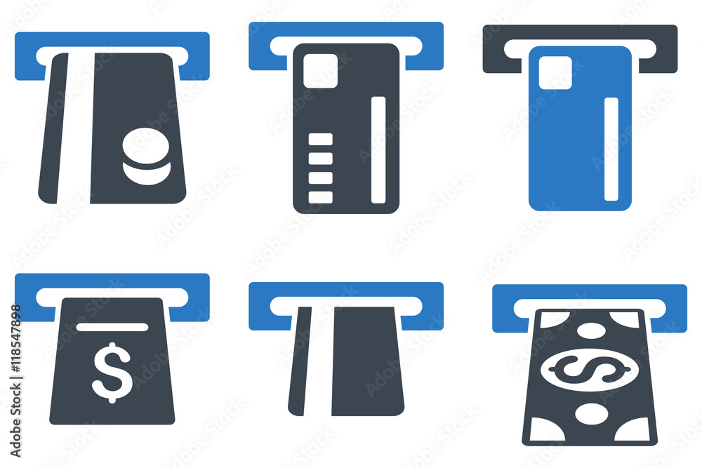 Poster ticket terminal vector icons. icon style is bicolor smooth blue flat symbols with rounded angles on 
