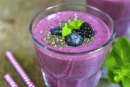 Healthy diet forest berry smoothie with chia seeds.