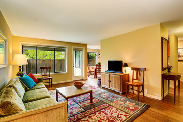 Traditional living room interior with green sofa, hardwood floor and rug.