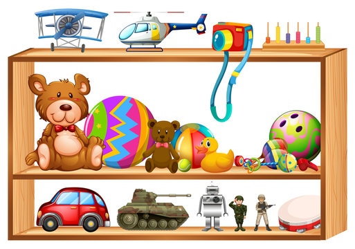 Toys on wooden shelves