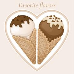 Vanilla and chocolate ice cream with chocolate topping and cream in a waffle cone. Favorite dessert tastes. Sweet tasty ice cream with chocolate sprinkles. Vector colorful illustration.