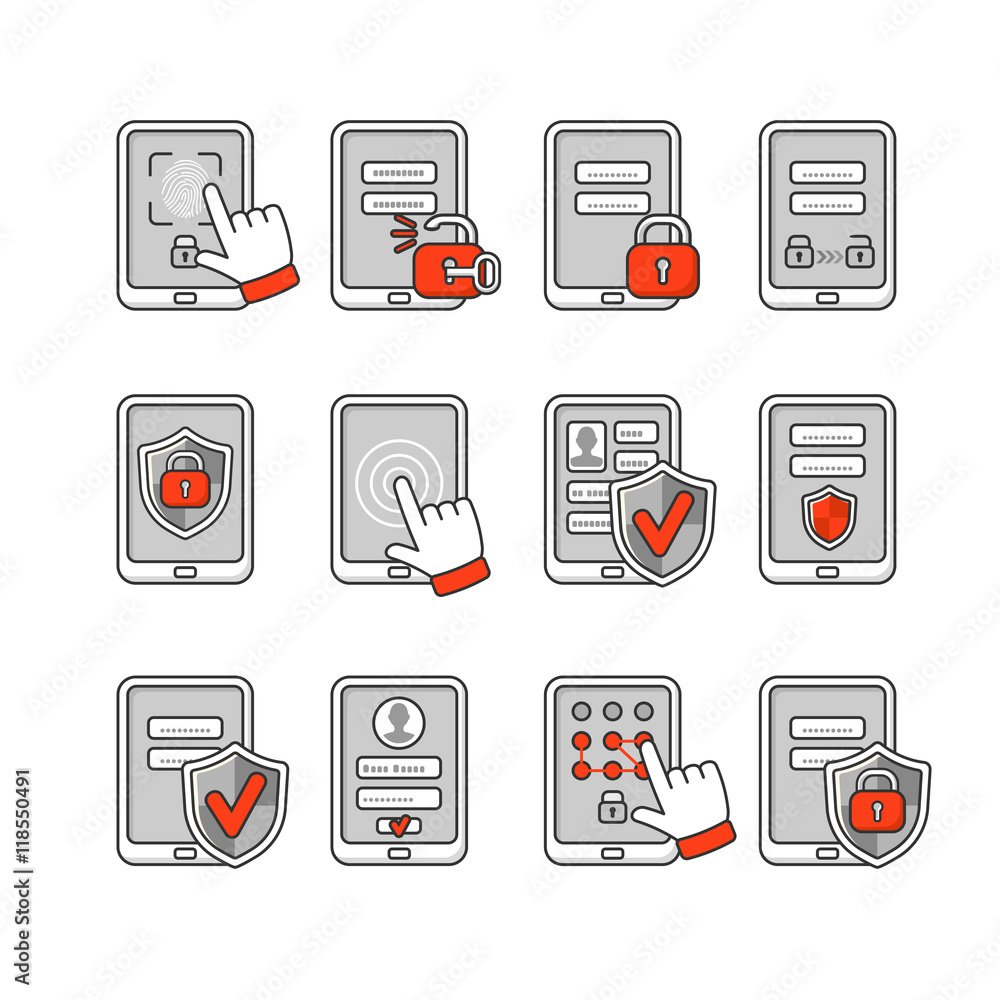 Poster vector icons set of mobile security. smartphone security concept. password key and lock on smartphon