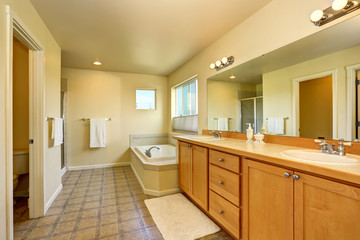 Bathroom interior with vanity cabinet, big mirror and white bath tub
