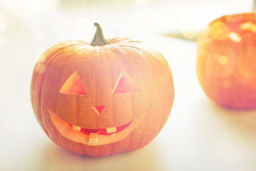 close up of pumpkins on table