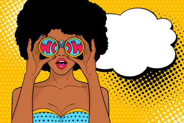 Wow pop art face. Sexy surprised african woman with open mouth holding binoculars with inscription wow in reflection and speech bubble. Vector colorful background in pop art retro comic style. - 118551603