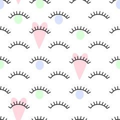 Abstract pattern with open and winking eyes with pink hearts. Cute eyelashes background illustration. Fashion design for textile, wallpaper, fabric etc. - 118552641