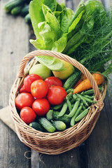 different vegetables in big basket. top view